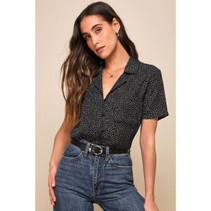 Lulus Good Luck Charm Black Polka Dot Short Sleeve Button-up Top - Size L